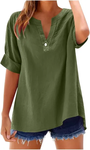 Linen Shirts for Women Solid V Neck Roll up Sleeve Tee Vacation Boho Summer Tops Vintage Beach Blouse Travel Clothes