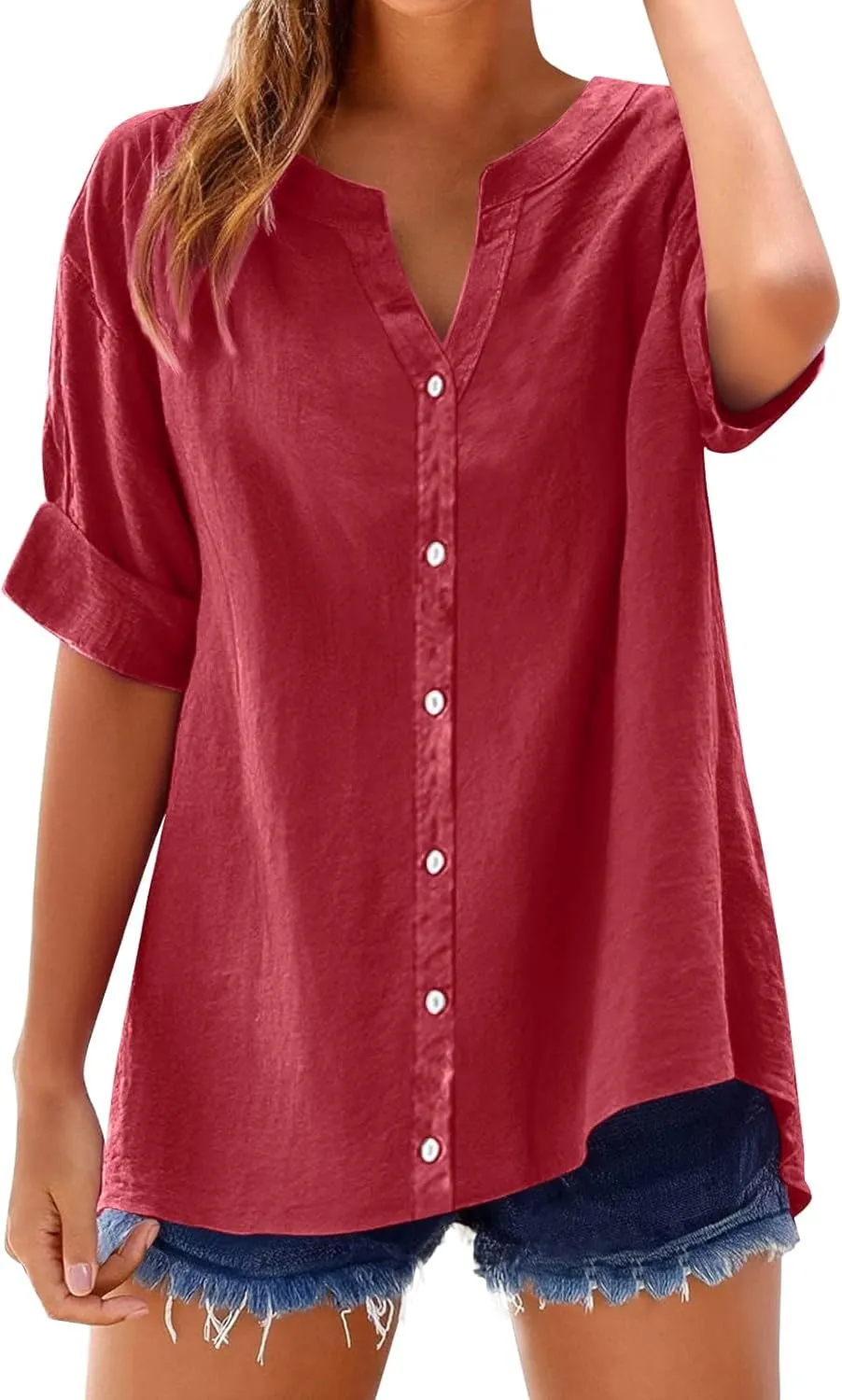 Linen Shirts for Women Summer Button Down Shirts Short Sleeve Oversized Boyfriend Solid Tunic Tops Casual Dressy Tunics
