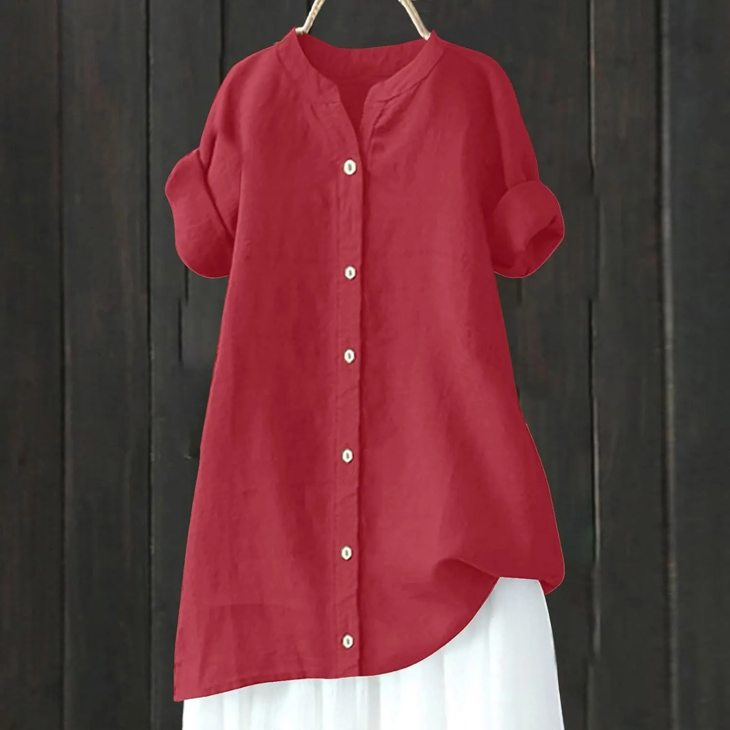 Linen Shirts for Women Summer Button Down Shirts Short Sleeve Oversized Boyfriend Solid Tunic Tops Casual Dressy Tunics