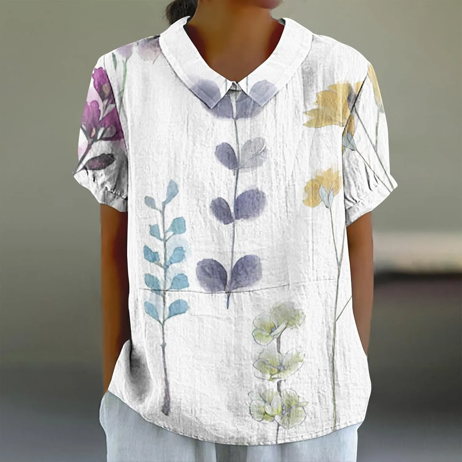 Linen Shirts for Women Summer Lightweight Short Sleeve Tunic Tshirts Cute Collared Tops Business Work Casual Blouses