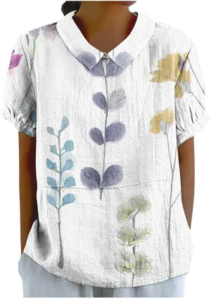 Linen Shirts for Women Summer Lightweight Short Sleeve Tunic Tshirts Cute Collared Tops Business Work Casual Blouses