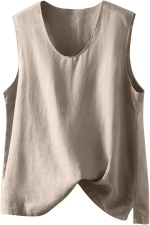 Linen Tank Women Loose Sleeveless V Neck Vacation Solid Color Tunic Tanks Casual Summer Cotton Side Slits Camisole