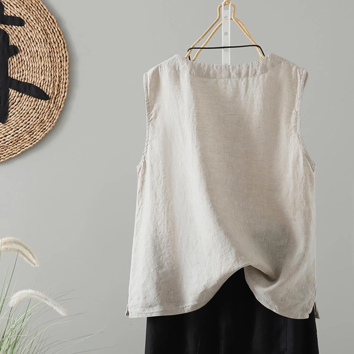 Linen Tank Women Loose Sleeveless V Neck Vacation Solid Color Tunic Tanks Casual Summer Cotton Side Slits Camisole
