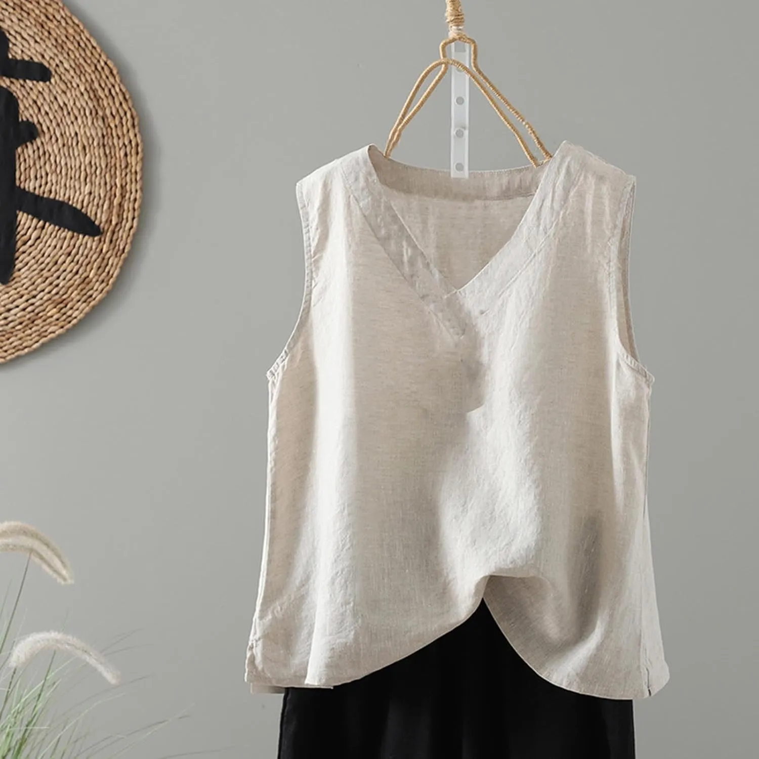 Linen Tank Women Loose Sleeveless V Neck Vacation Solid Color Tunic Tanks Casual Summer Cotton Side Slits Camisole