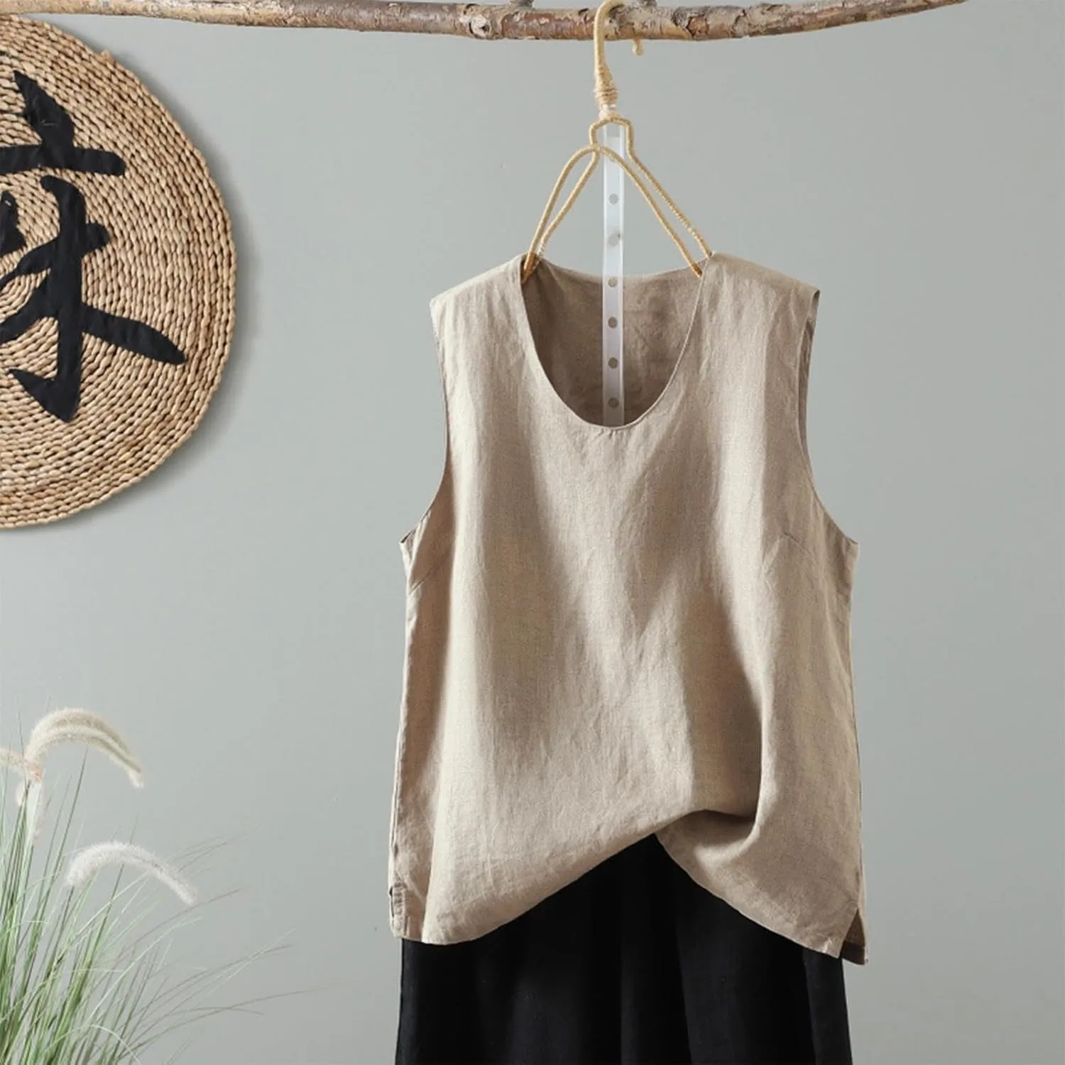 Linen Tank Women Loose Sleeveless V Neck Vacation Solid Color Tunic Tanks Casual Summer Cotton Side Slits Camisole