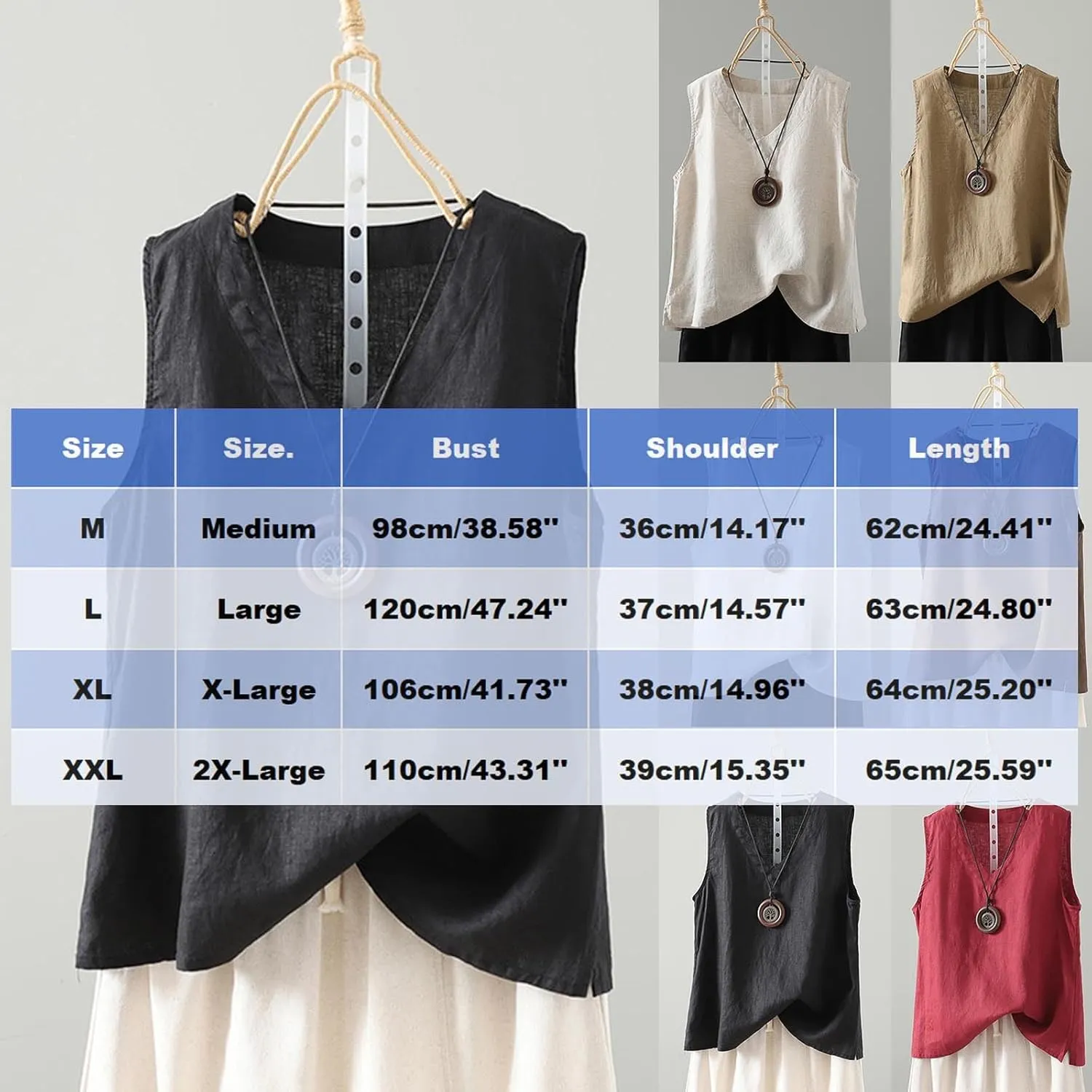 Linen Tank Women Loose Sleeveless V Neck Vacation Solid Color Tunic Tanks Casual Summer Cotton Side Slits Camisole