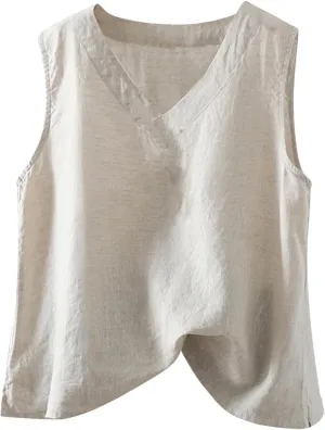 Linen Tank Women Loose Sleeveless V Neck Vacation Solid Color Tunic Tanks Casual Summer Cotton Side Slits Camisole