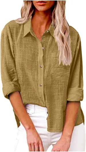 Linen Top Women Summer Long Sleeve Button Down Blouses Loose Fit Casual Shirts 2024 Beach Cover up T Shirts