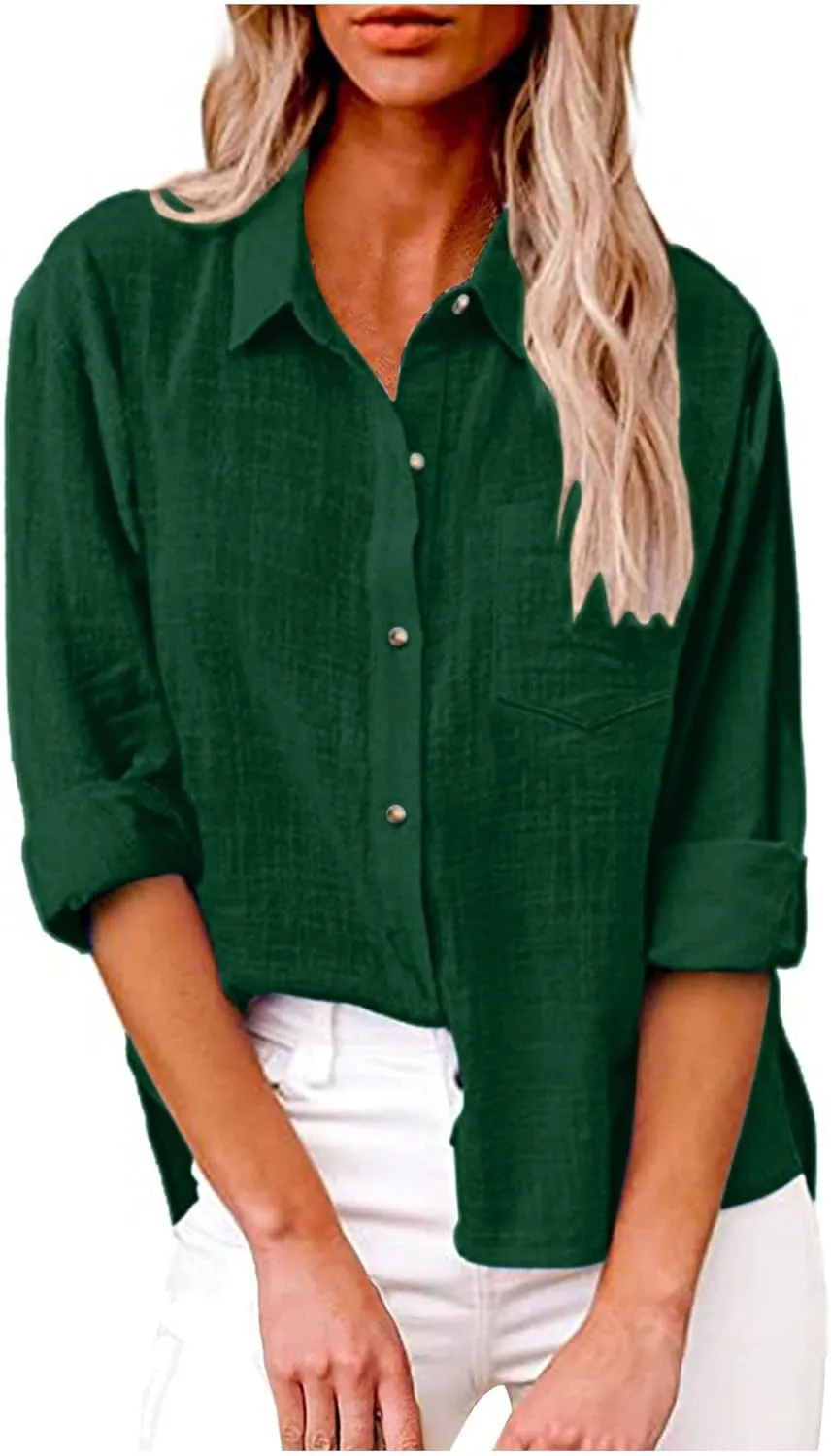Linen Top Women Summer Long Sleeve Button Down Blouses Loose Fit Casual Shirts 2024 Beach Cover up T Shirts