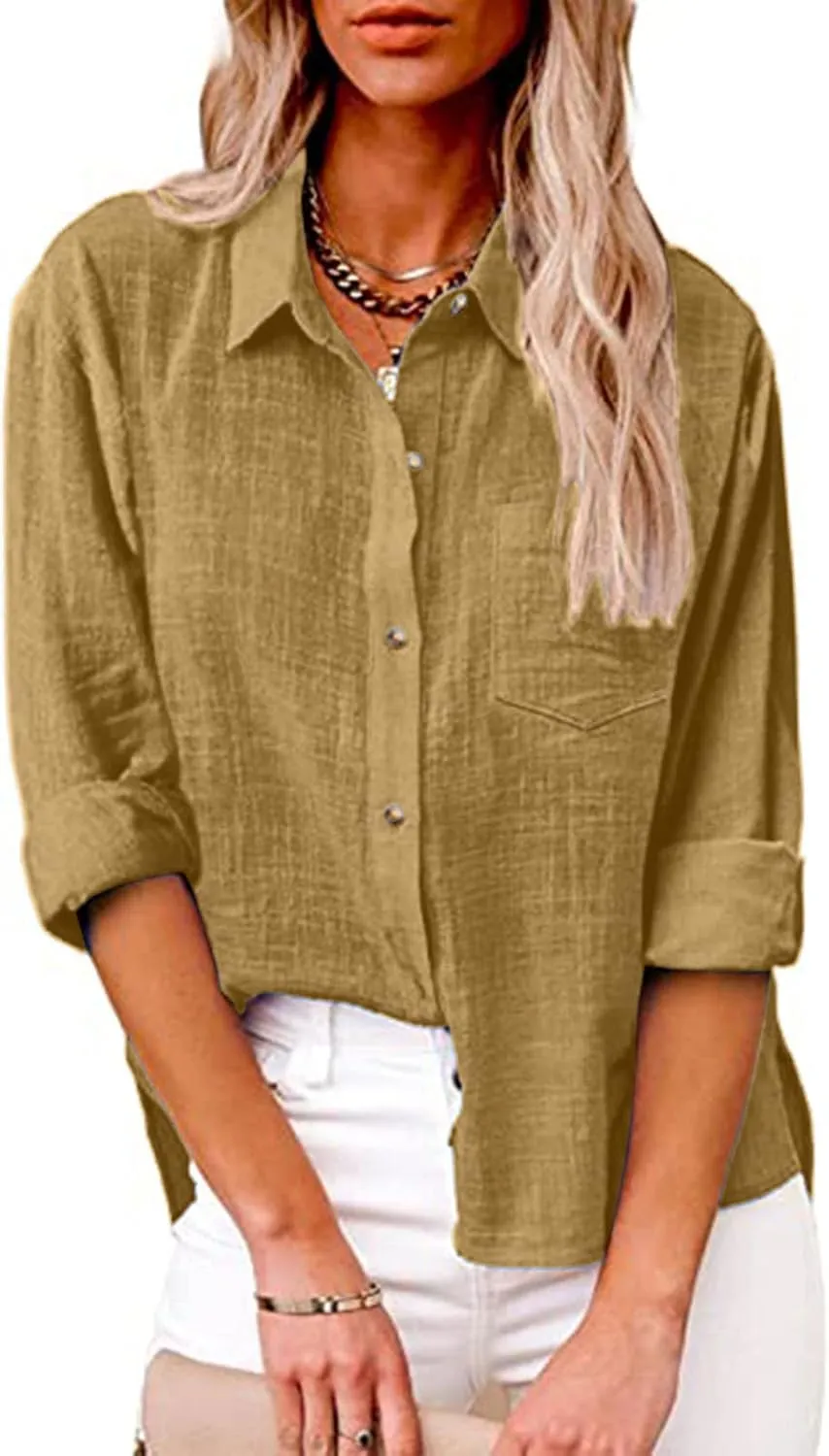 Linen Top Women Summer Long Sleeve Button Down Blouses Loose Fit Casual Shirts 2024 Beach Cover up T Shirts