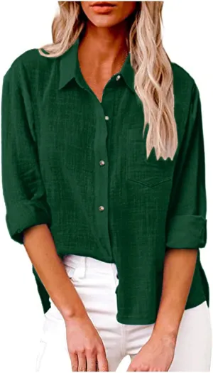 Linen Top Women Summer Long Sleeve Button Down Blouses Loose Fit Casual Shirts 2024 Beach Cover up T Shirts
