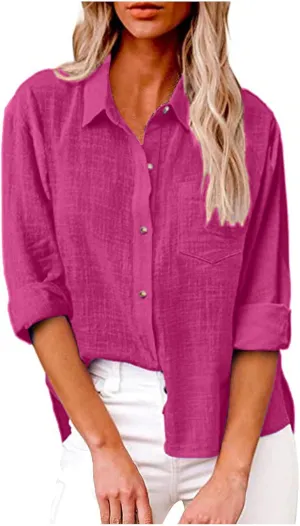 Linen Top Women Summer Long Sleeve Button Down Blouses Loose Fit Casual Shirts 2024 Beach Cover up T Shirts