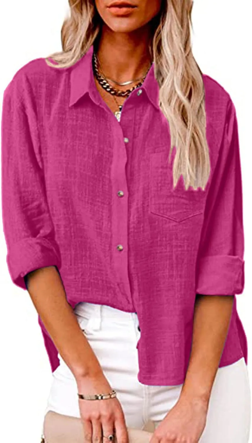 Linen Top Women Summer Long Sleeve Button Down Blouses Loose Fit Casual Shirts 2024 Beach Cover up T Shirts