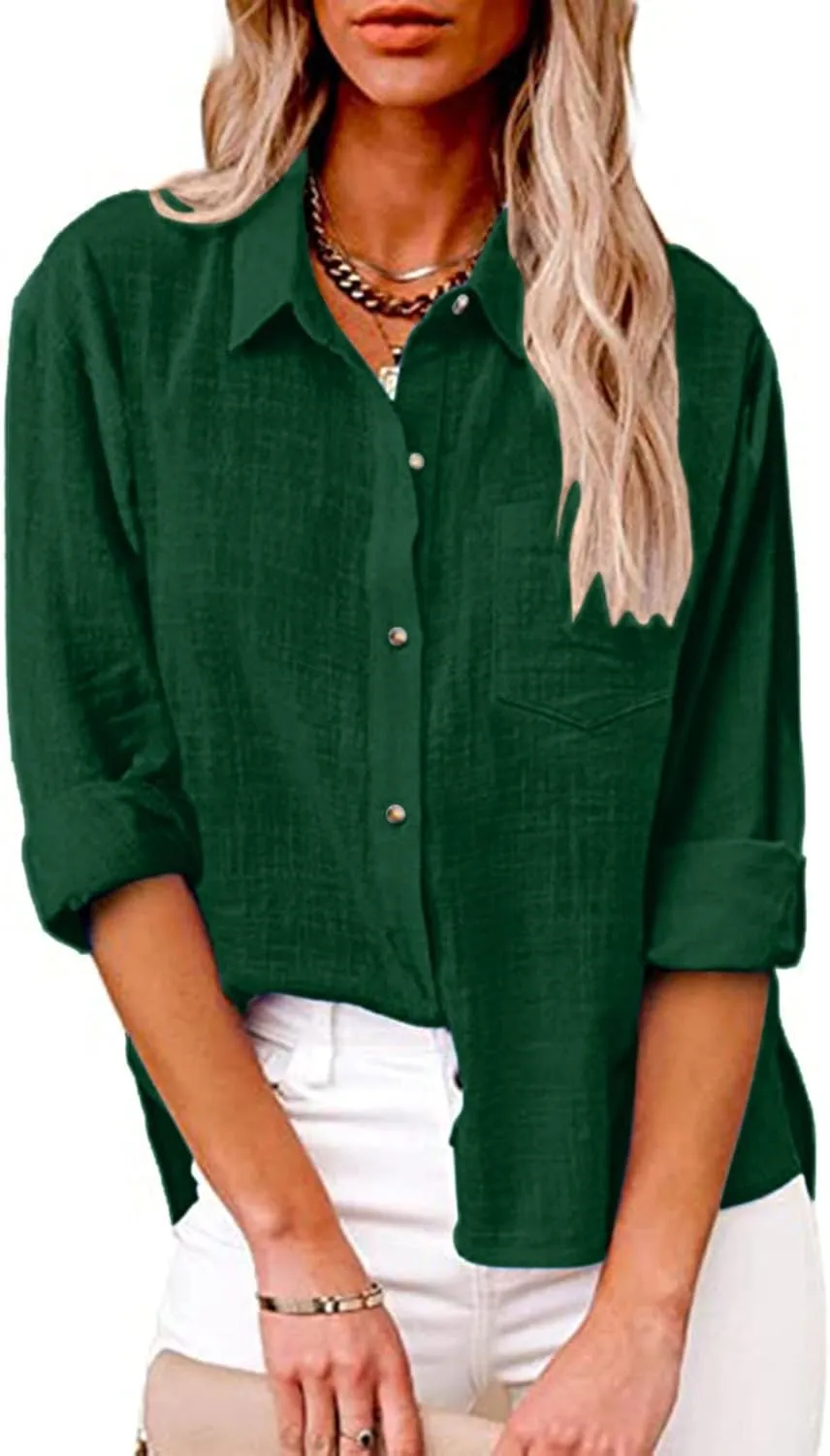 Linen Top Women Summer Long Sleeve Button Down Blouses Loose Fit Casual Shirts 2024 Beach Cover up T Shirts