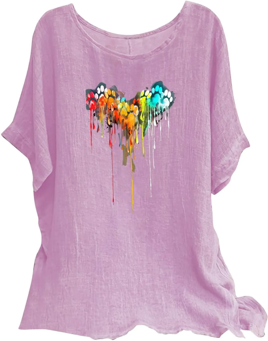 Linen Tops for Women Fashion Printed Tees Casual Crew Neck Raglan Short Sleeve Loose Tops Summer Outfits for Ladies