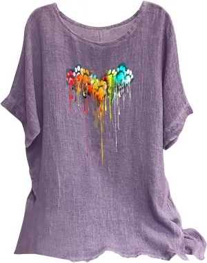 Linen Tops for Women Fashion Printed Tees Casual Crew Neck Raglan Short Sleeve Loose Tops Summer Outfits for Ladies