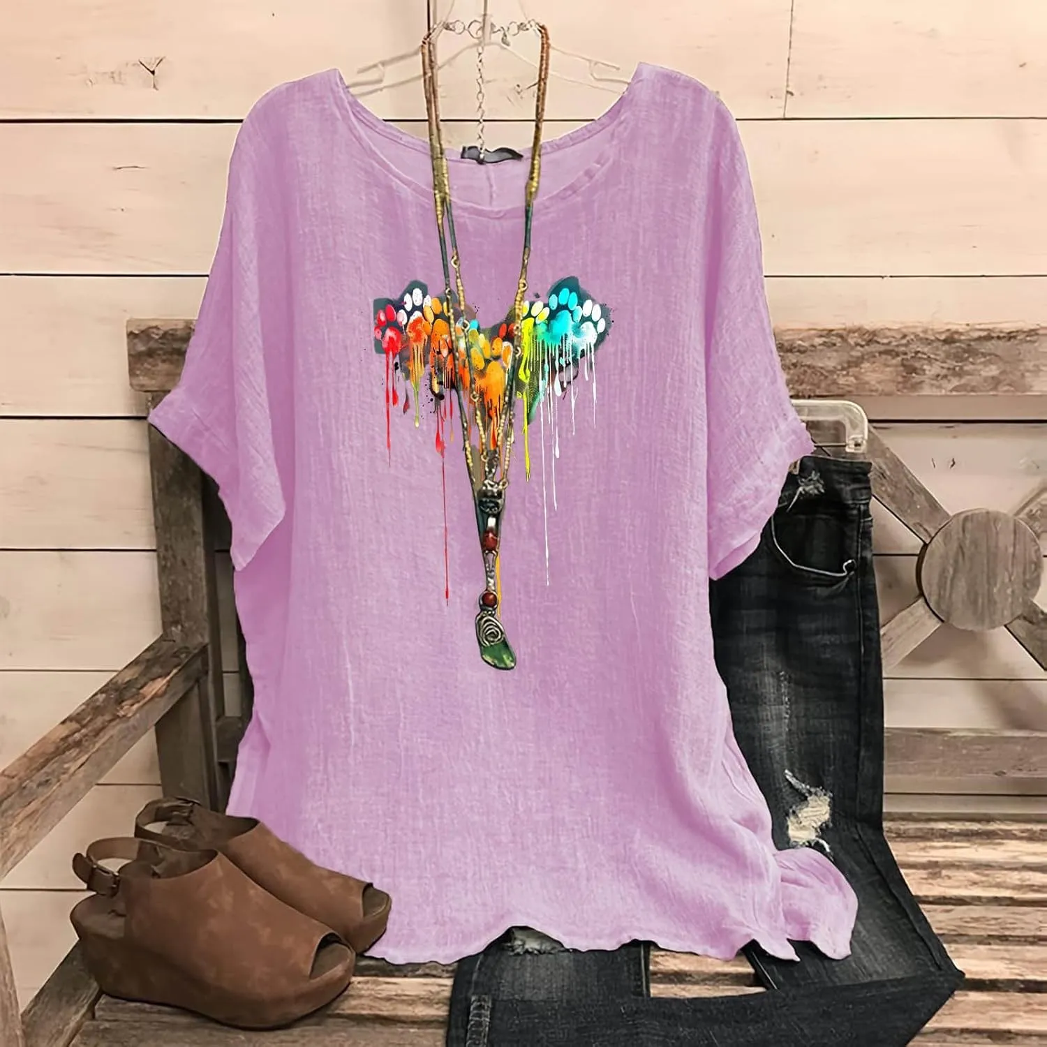 Linen Tops for Women Fashion Printed Tees Casual Crew Neck Raglan Short Sleeve Loose Tops Summer Outfits for Ladies