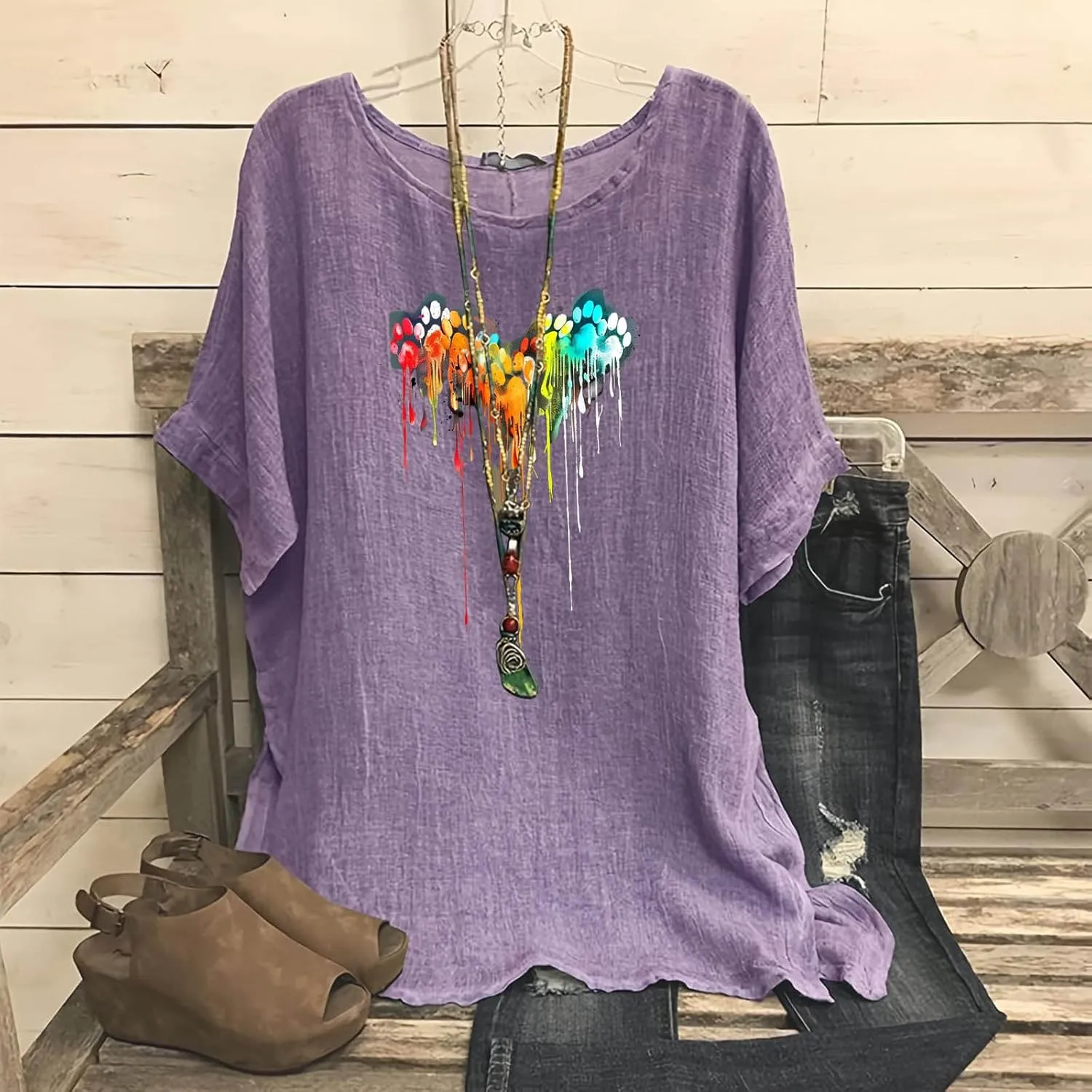 Linen Tops for Women Fashion Printed Tees Casual Crew Neck Raglan Short Sleeve Loose Tops Summer Outfits for Ladies