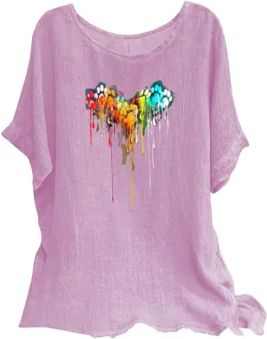 Linen Tops for Women Fashion Printed Tees Casual Crew Neck Raglan Short Sleeve Loose Tops Summer Outfits for Ladies