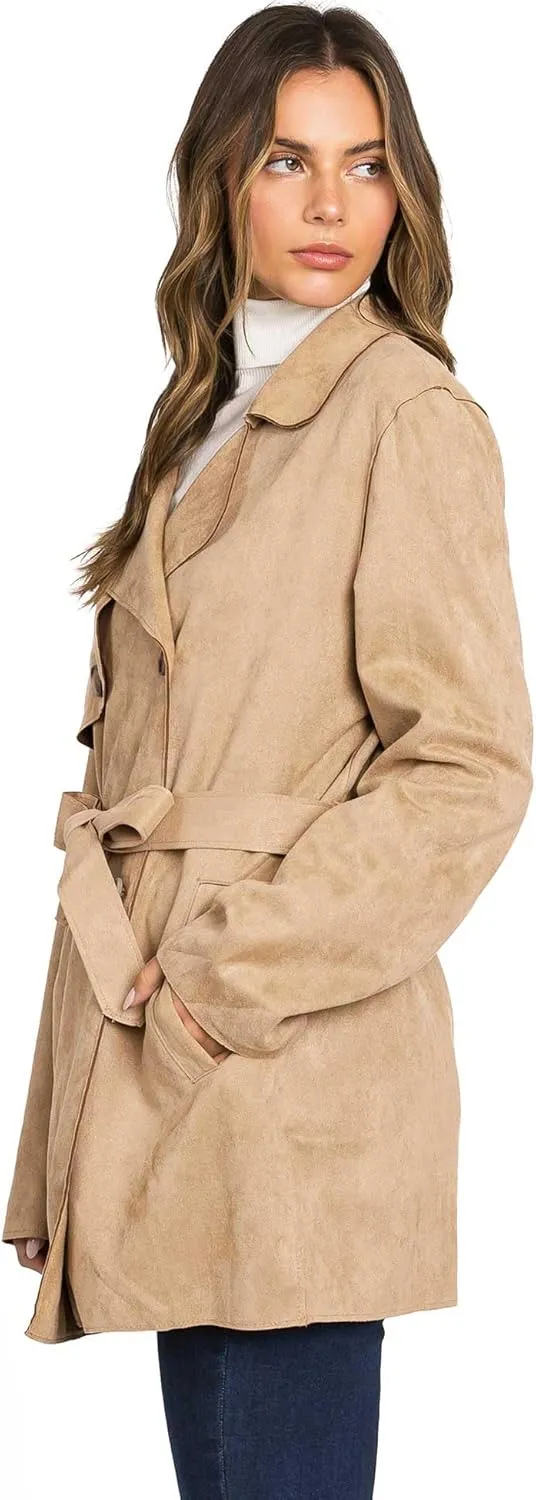 Love Tree Women's Juniors Faux Suede Light Layering Trench Coat