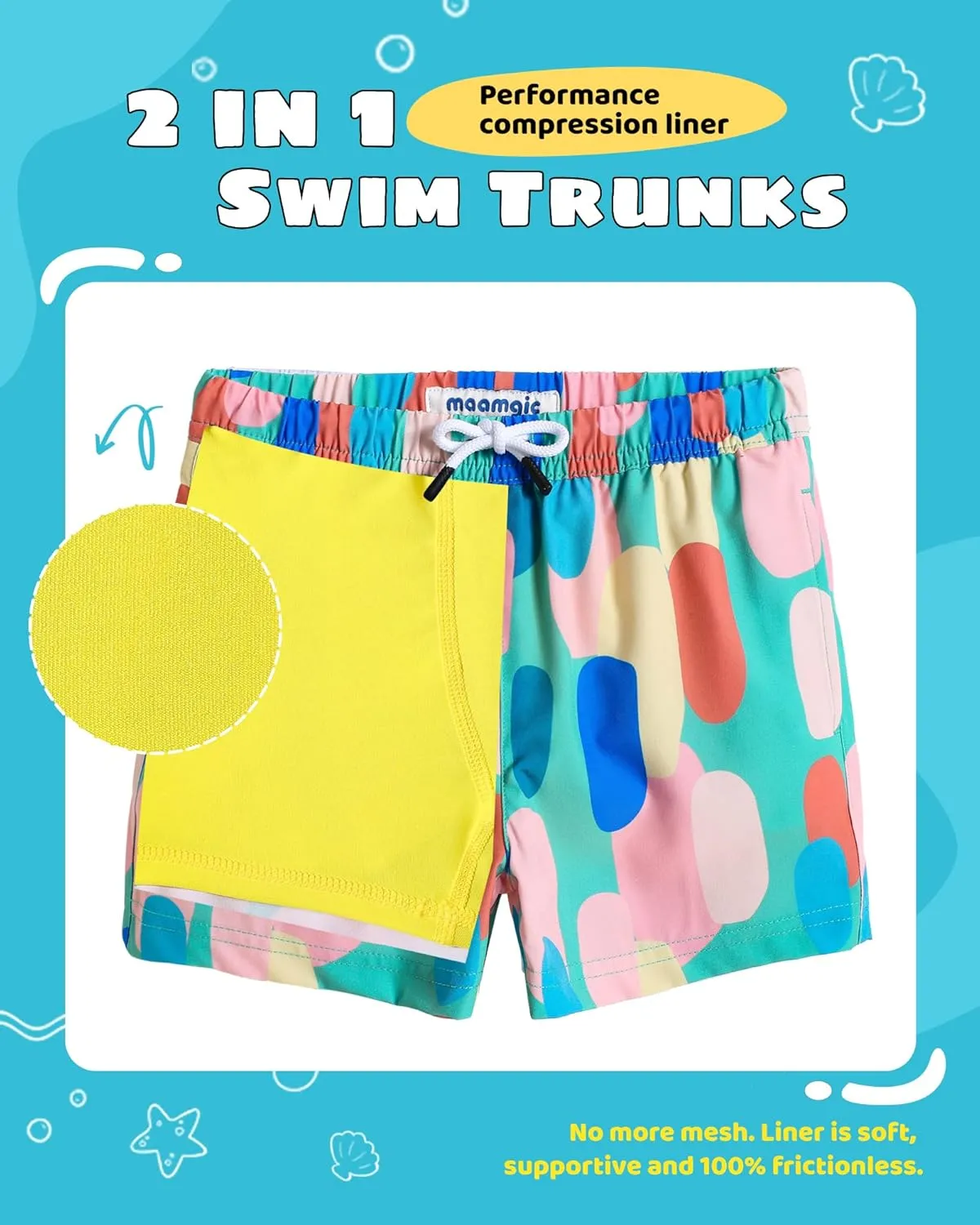 maamgic Boys Swim Trunks with Compression Liner Toddler Stretch Swim Shorts