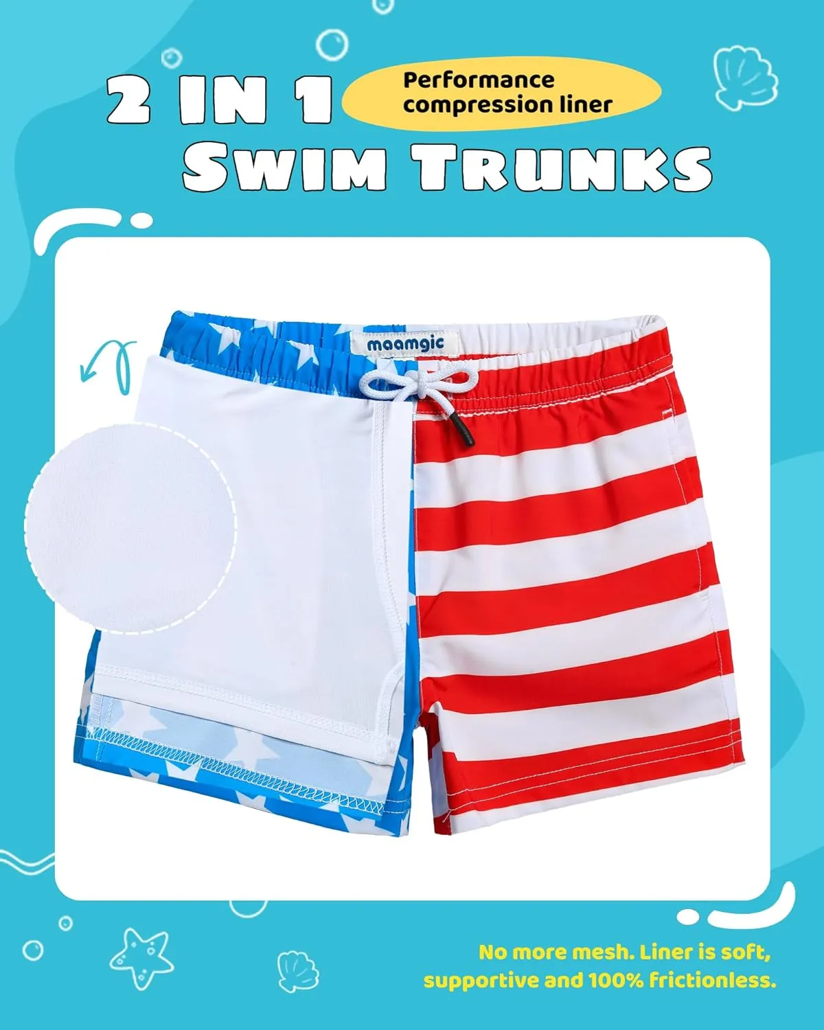 maamgic Boys Swim Trunks with Compression Liner Toddler Stretch Swim Shorts