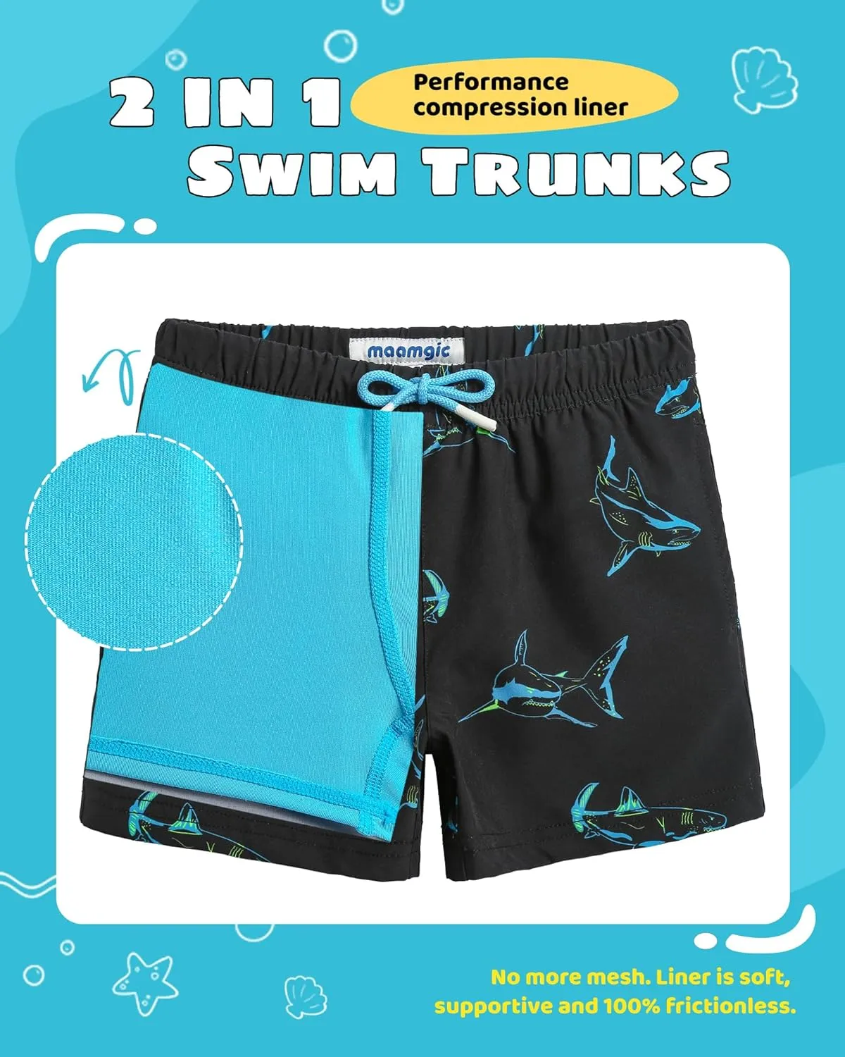maamgic Boys Swim Trunks with Compression Liner Toddler Stretch Swim Shorts