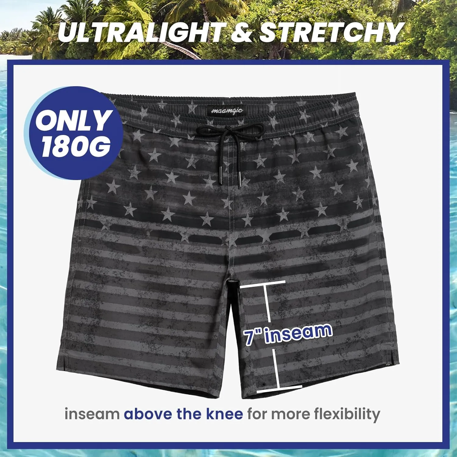 maamgic Mens 7" Stretch Swim Trunks Quick Dry Mesh Lining Swimwear Bathing Suits