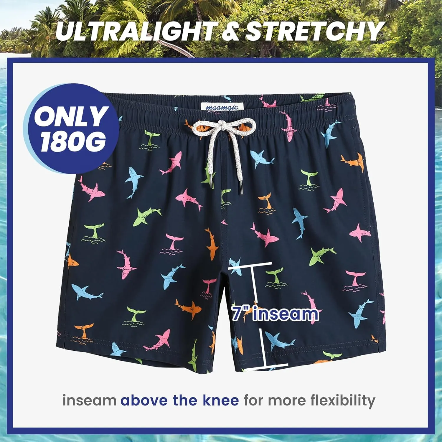 maamgic Mens 7" Stretch Swim Trunks Quick Dry Mesh Lining Swimwear Bathing Suits
