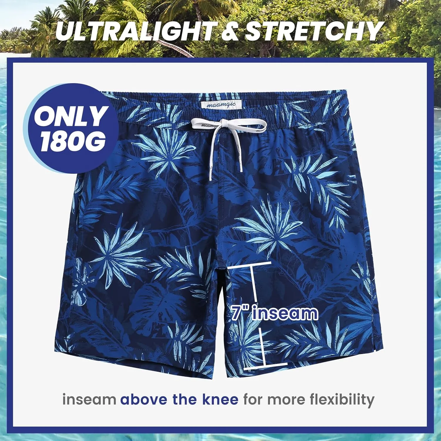 maamgic Mens 7" Stretch Swim Trunks Quick Dry Mesh Lining Swimwear Bathing Suits