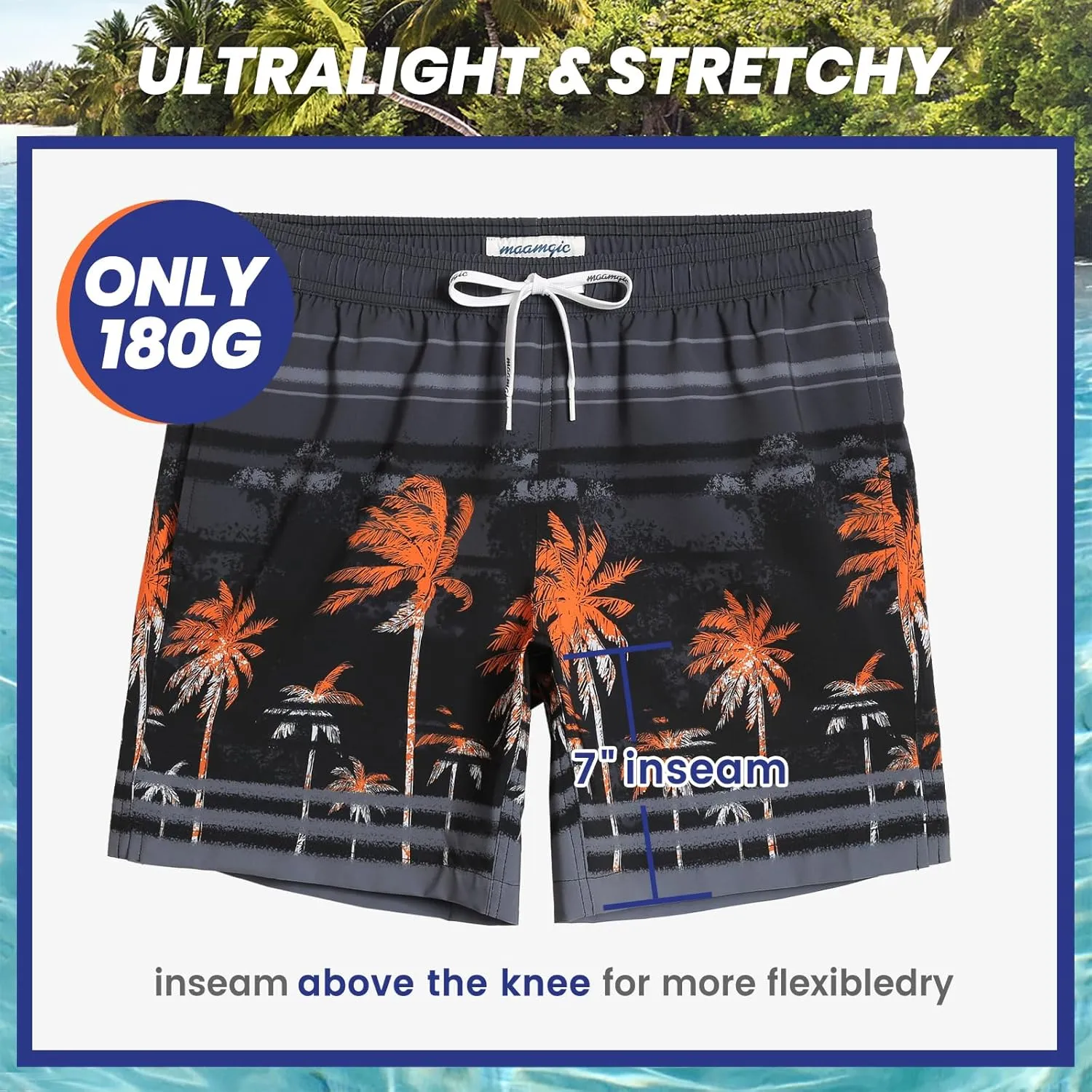 maamgic Mens 7" Stretch Swim Trunks Quick Dry Mesh Lining Swimwear Bathing Suits