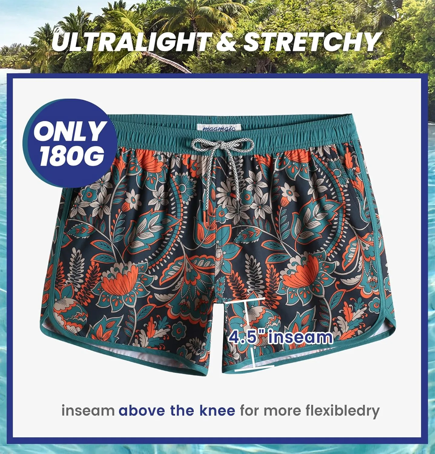 maamgic Mens Swim Trunks Retro Swim Shorts 4 Way Stretch with Mesh Vintage 80s 90s Quick Dry Swimsuits Board Shorts