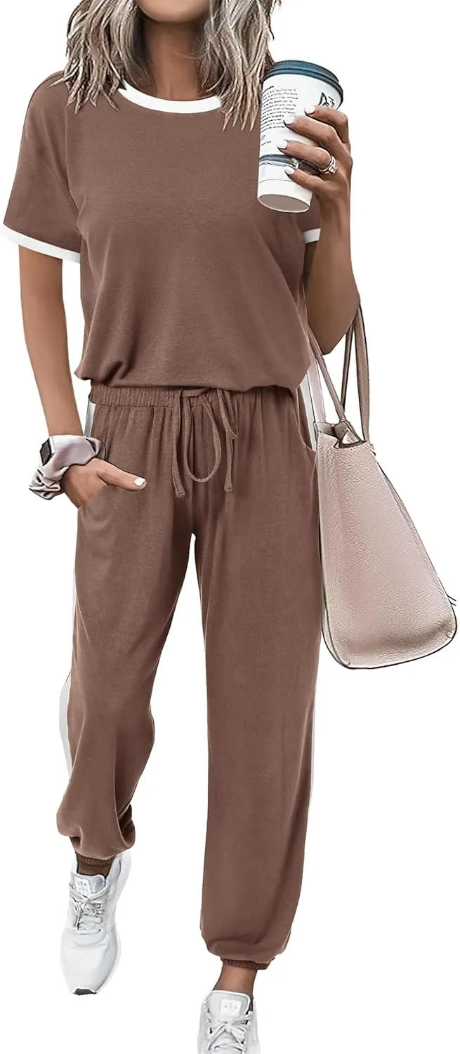 MASCOMODA Womens 2 Piece Outfits 2025 Summer Tracksuit Sets Short Sleeve Tops Travel Long Pants Jogger Lounge Set