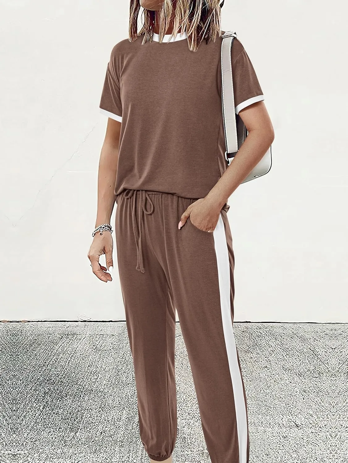 MASCOMODA Womens 2 Piece Outfits 2025 Summer Tracksuit Sets Short Sleeve Tops Travel Long Pants Jogger Lounge Set