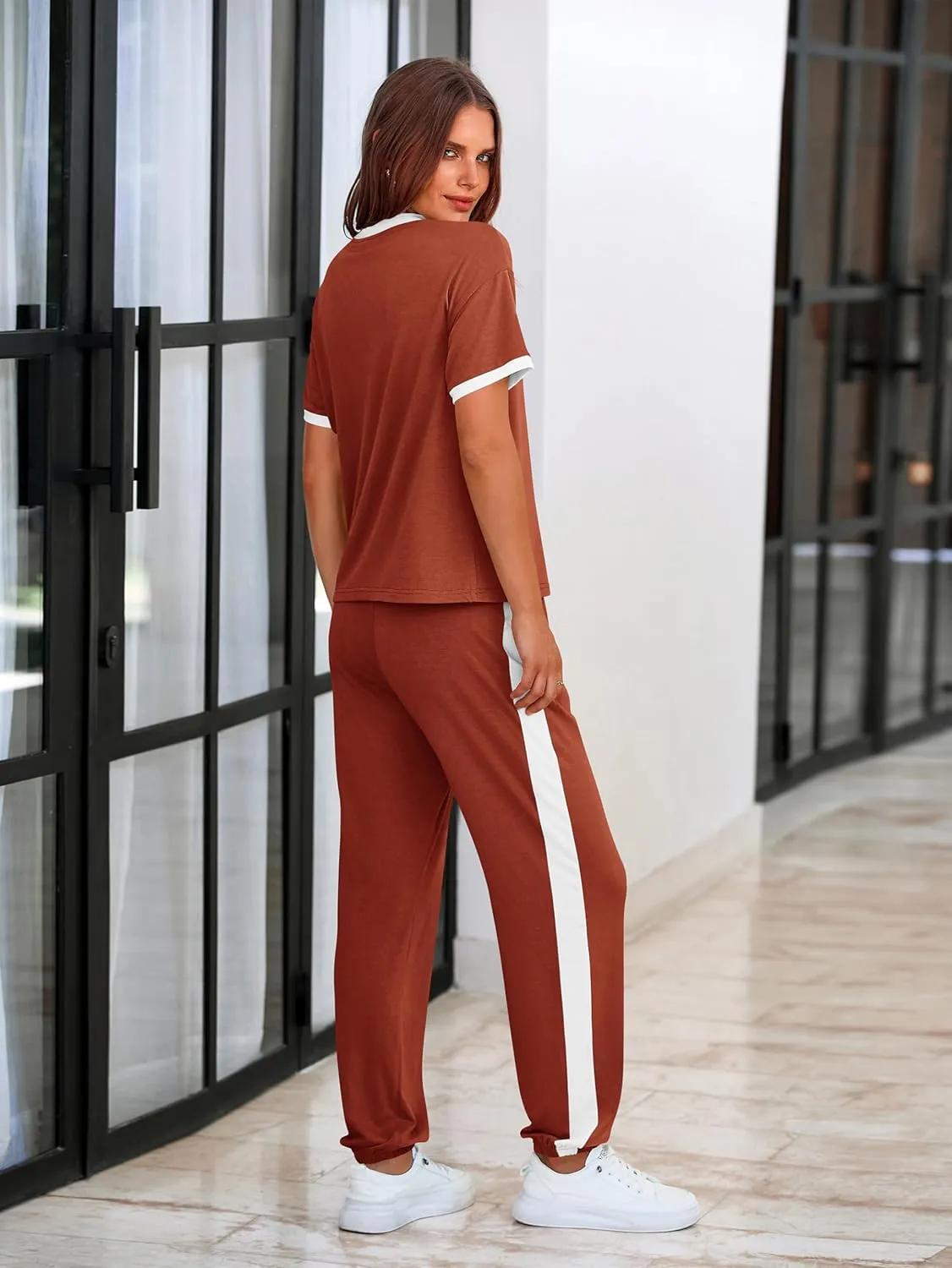 MASCOMODA Womens 2 Piece Outfits 2025 Summer Tracksuit Sets Short Sleeve Tops Travel Long Pants Jogger Lounge Set