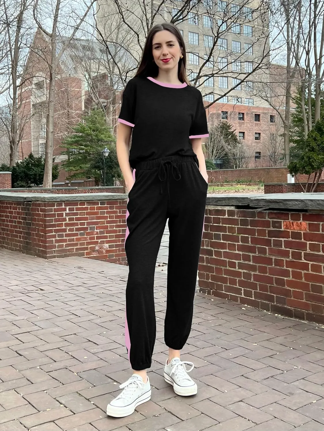 MASCOMODA Womens 2 Piece Outfits 2025 Summer Tracksuit Sets Short Sleeve Tops Travel Long Pants Jogger Lounge Set
