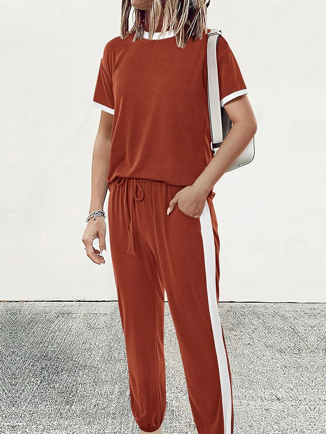 MASCOMODA Womens 2 Piece Outfits 2025 Summer Tracksuit Sets Short Sleeve Tops Travel Long Pants Jogger Lounge Set
