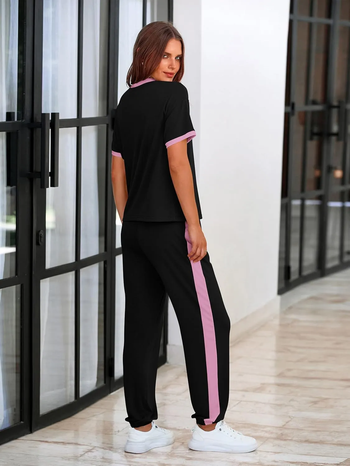 MASCOMODA Womens 2 Piece Outfits 2025 Summer Tracksuit Sets Short Sleeve Tops Travel Long Pants Jogger Lounge Set