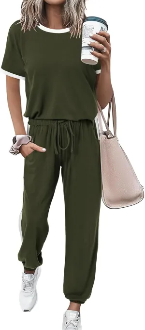 MASCOMODA Womens 2 Piece Outfits 2025 Summer Tracksuit Sets Short Sleeve Tops Travel Long Pants Jogger Lounge Set