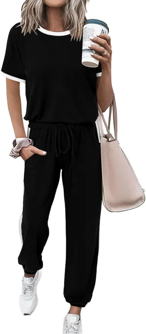 MASCOMODA Womens 2 Piece Outfits 2025 Summer Tracksuit Sets Short Sleeve Tops Travel Long Pants Jogger Lounge Set