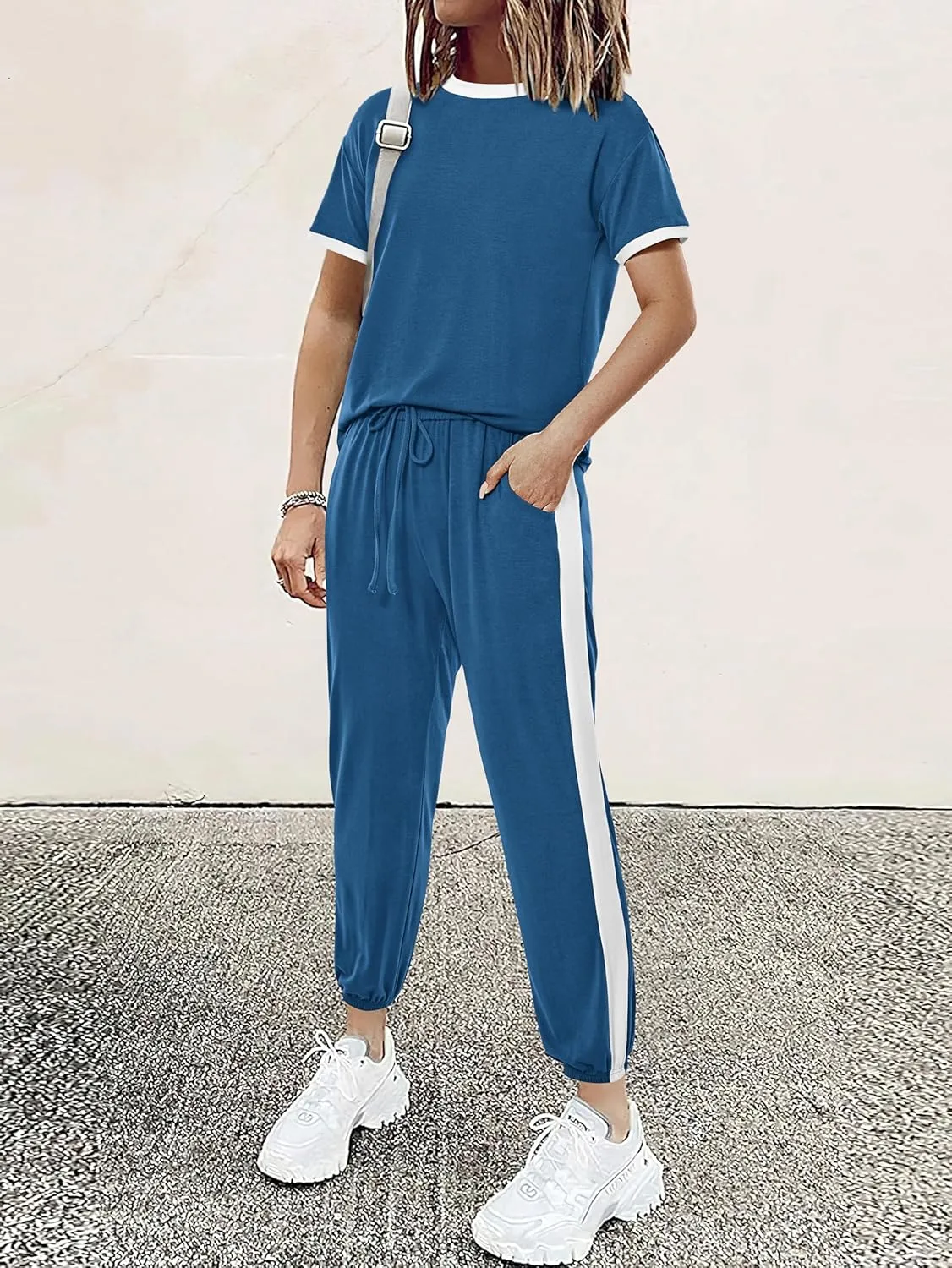 MASCOMODA Womens 2 Piece Outfits 2025 Summer Tracksuit Sets Short Sleeve Tops Travel Long Pants Jogger Lounge Set