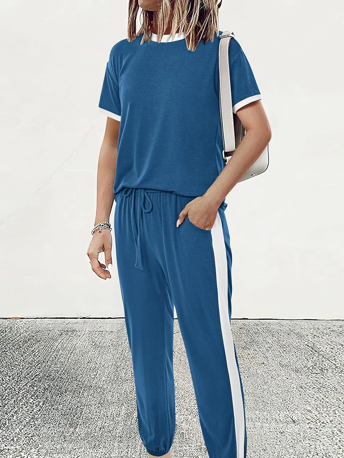 MASCOMODA Womens 2 Piece Outfits 2025 Summer Tracksuit Sets Short Sleeve Tops Travel Long Pants Jogger Lounge Set