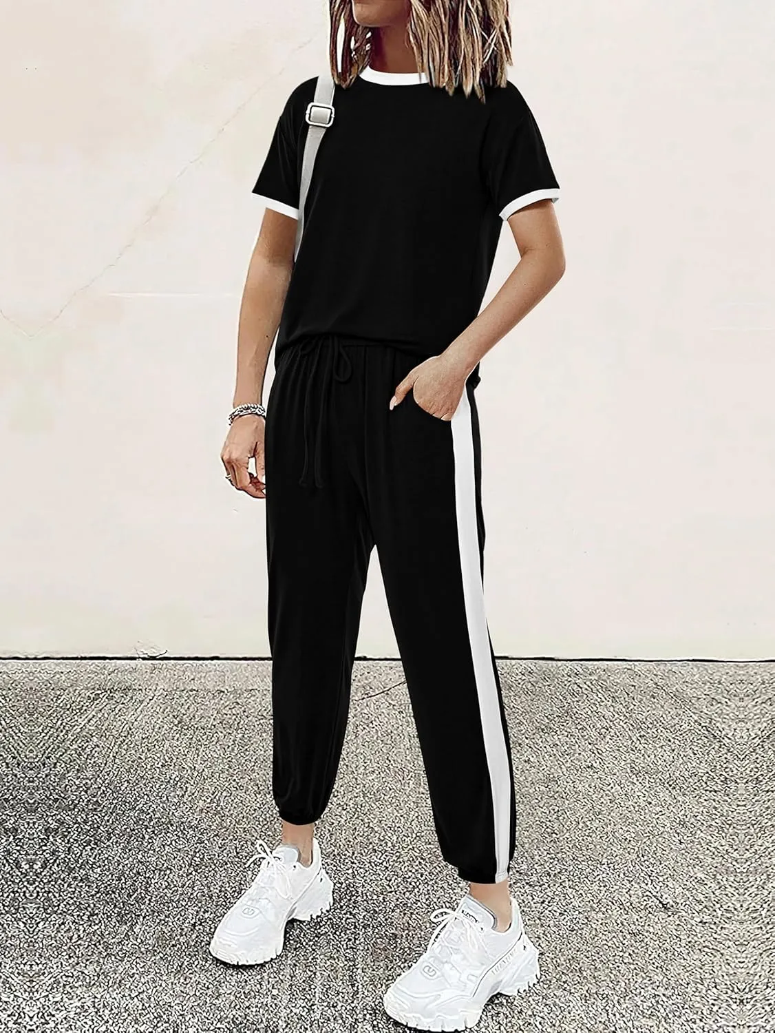 MASCOMODA Womens 2 Piece Outfits 2025 Summer Tracksuit Sets Short Sleeve Tops Travel Long Pants Jogger Lounge Set