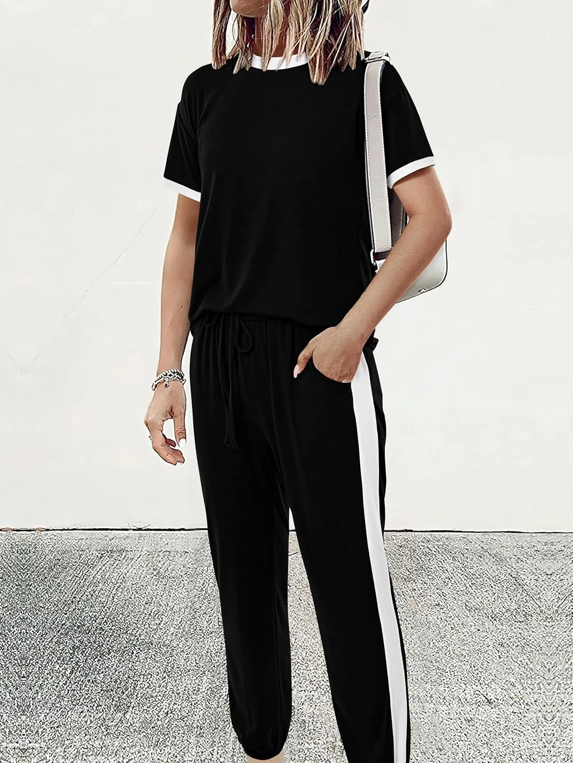 MASCOMODA Womens 2 Piece Outfits 2025 Summer Tracksuit Sets Short Sleeve Tops Travel Long Pants Jogger Lounge Set