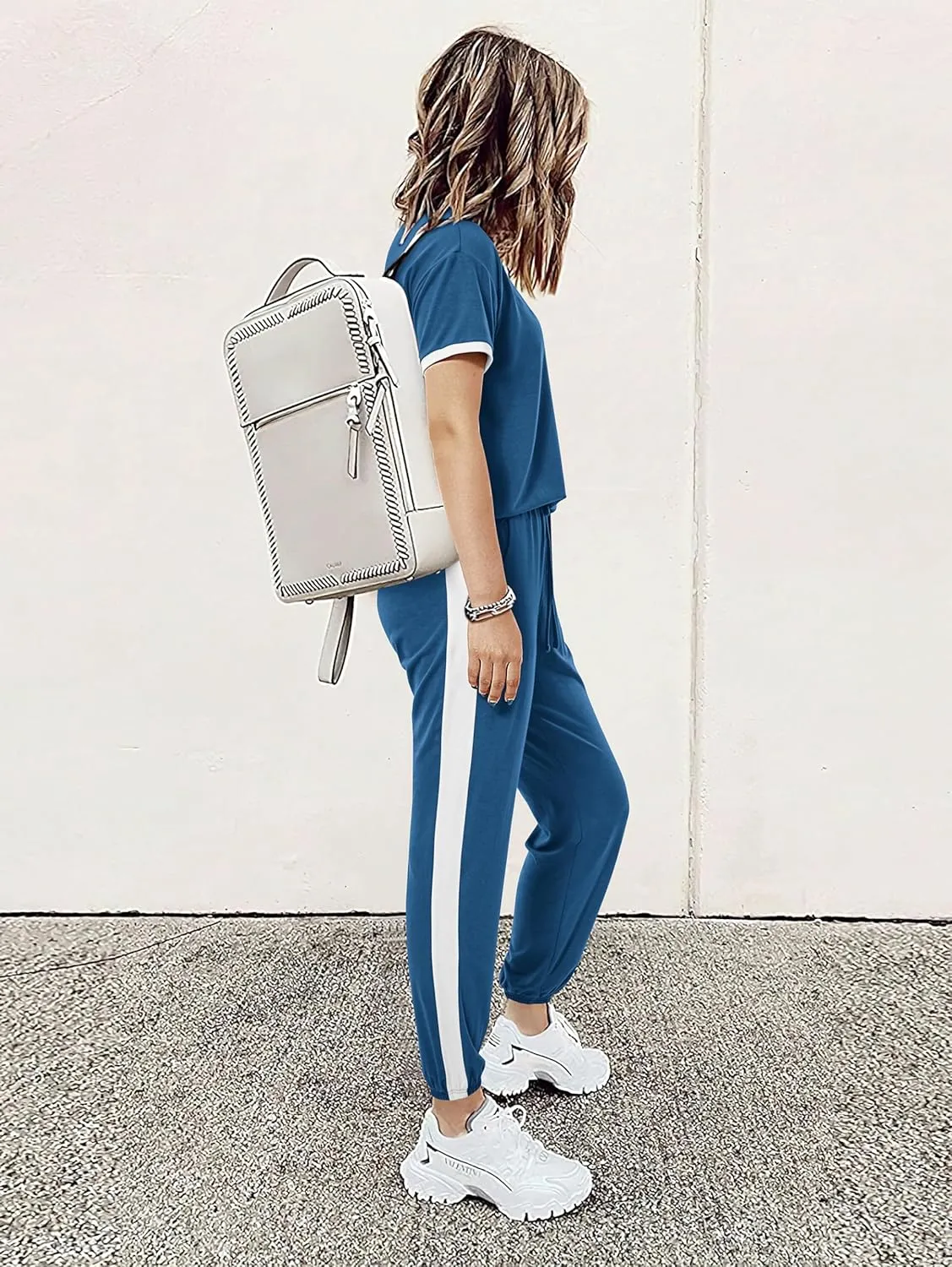 MASCOMODA Womens 2 Piece Outfits 2025 Summer Tracksuit Sets Short Sleeve Tops Travel Long Pants Jogger Lounge Set
