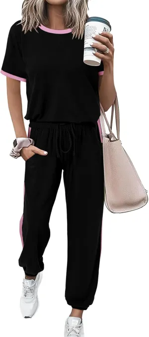 MASCOMODA Womens 2 Piece Outfits 2025 Summer Tracksuit Sets Short Sleeve Tops Travel Long Pants Jogger Lounge Set