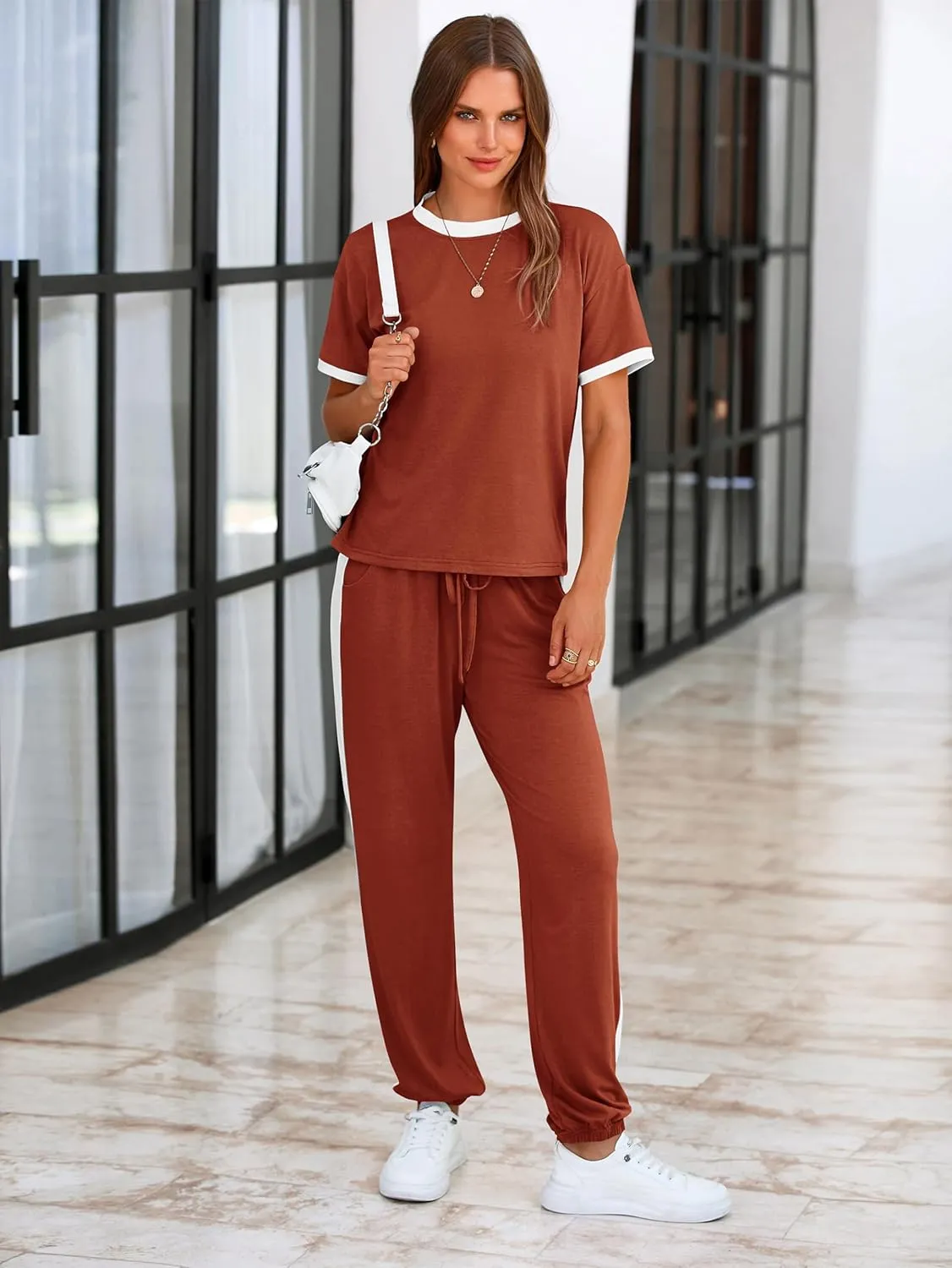 MASCOMODA Womens 2 Piece Outfits 2025 Summer Tracksuit Sets Short Sleeve Tops Travel Long Pants Jogger Lounge Set