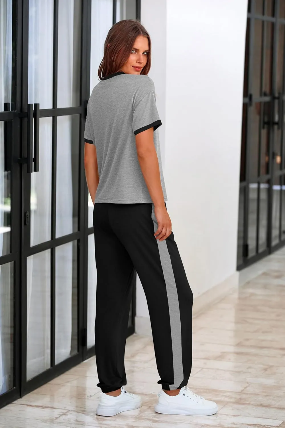 MASCOMODA Womens 2 Piece Outfits 2025 Summer Tracksuit Sets Short Sleeve Tops Travel Long Pants Jogger Lounge Set