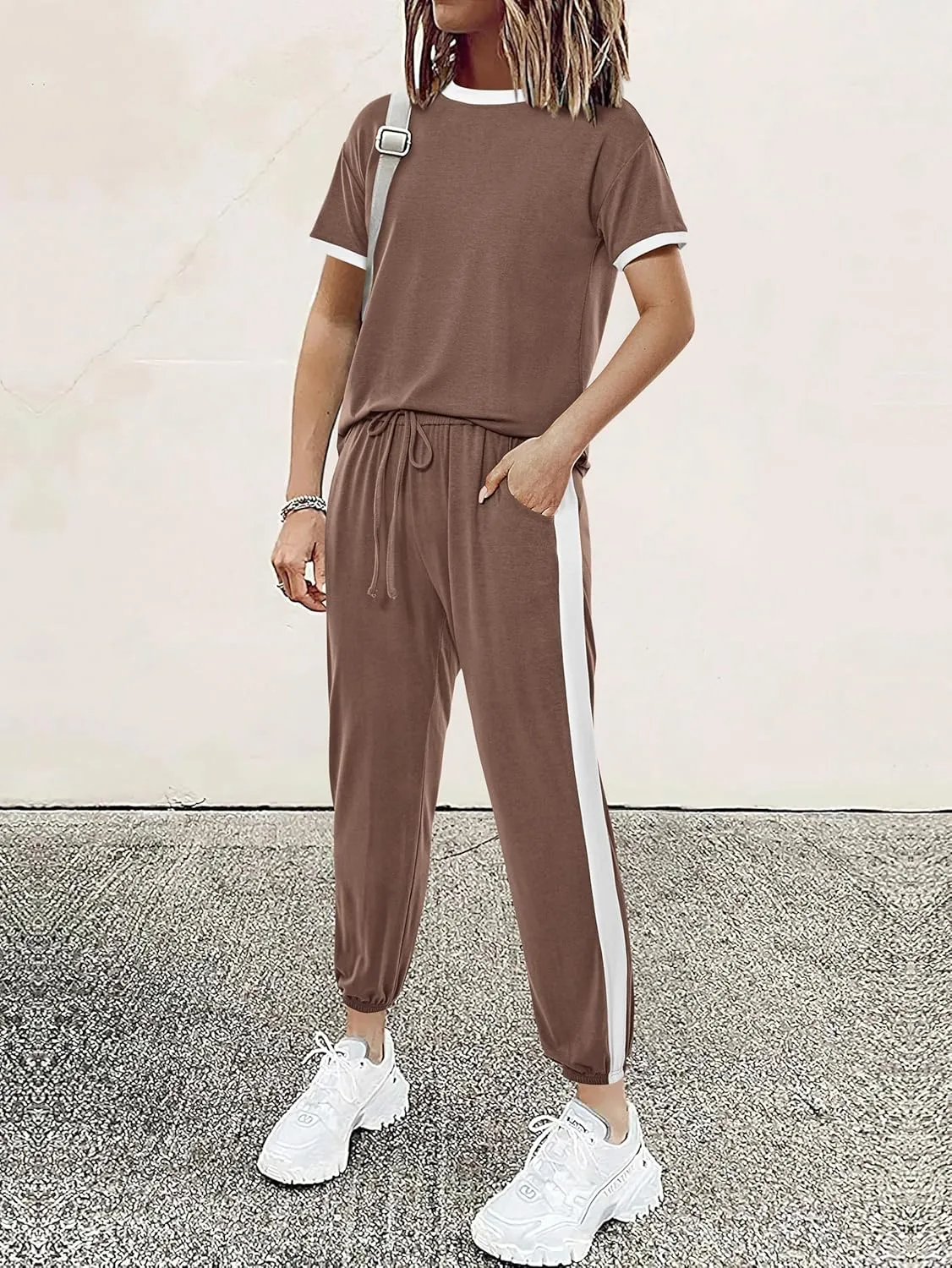 MASCOMODA Womens 2 Piece Outfits 2025 Summer Tracksuit Sets Short Sleeve Tops Travel Long Pants Jogger Lounge Set