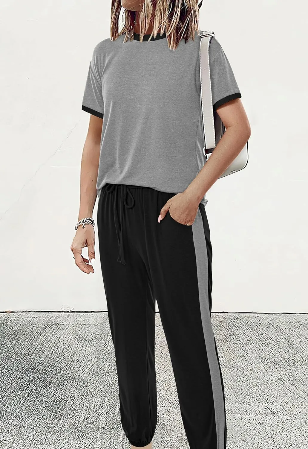 MASCOMODA Womens 2 Piece Outfits 2025 Summer Tracksuit Sets Short Sleeve Tops Travel Long Pants Jogger Lounge Set
